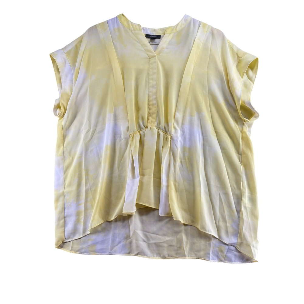 Alfani Womens XL Yellow Tie Dye V-Neck Cinched Waist Peplum Blouse Short Sleeve